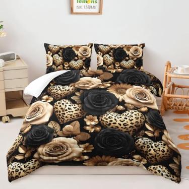 Imagem de AILONEN Conjunto de edredom Queen com rosas pretas e cáqui, estampa de leopardo, corações de amor, para crianças, adolescentes e adultos, colcha estilo sudoeste com 2 fronhas, 3 peças