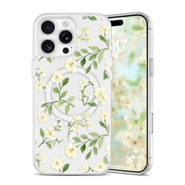 Imagem de EYZUTAK Capa magnética para iPhone 16 Pro com flores compatível com MagSafe, bonita floral elegante estética capa protetora fina transparente antiamarelamento para meninas e mulheres - bege