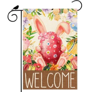 Imagem de ZAEW Welcome Bunny Eggs Coelhos Bandeira de jardim de páscoa 30,5 x 45,7 cm dupla face pequena bandeira de quintal exterior decoração de festa de férias