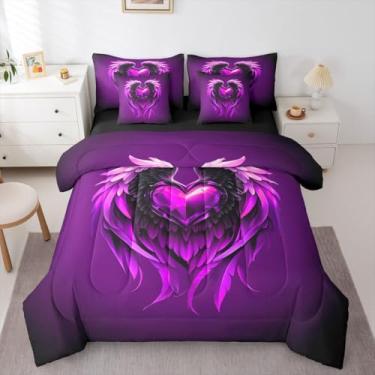Imagem de Erosebridal Jogo de cama solteiro roxo e branco com corações do amor, asas e asas | Jogo de cama romântico para o Dia dos Namorados com lençol romântico ombré para adultos e meninas