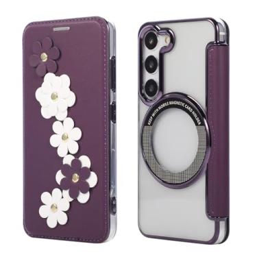 Imagem de Capa carteira para Samsung Galaxy S23 Plus, 3 compartimentos para cartão e anel magnético, bloqueio RFID, compatível com carregamento sem fio, traseira transparente, design floral de couro, proteção