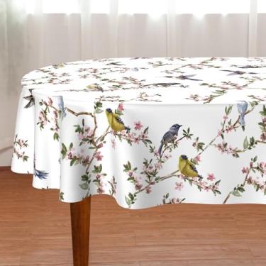 Imagem de Toalha de mesa de primavera 152 x 213 cm, oval, ramo de pássaros, floral, sazonal, verão, borda recortada, toalha de mesa de piquenique