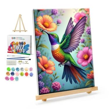 Imagem de YOYA Kit de pintura emoldurada por números para adultos - kits de pintura de beija-flor por números em tela com cavalete, pintura de beija-flor DIY por número tela emoldurada para decoração de parede