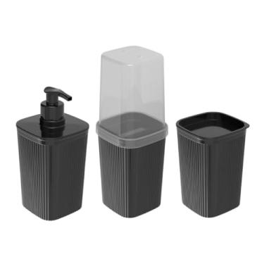 Imagem de Kit Pia de Banheiro 3 Peças Dispenser Sabonete Líquido Porta Escova de Dente Porta Algodão, Ideal for Daily Hygiene Organization & Guest Bathrooms(Preto Frisos)