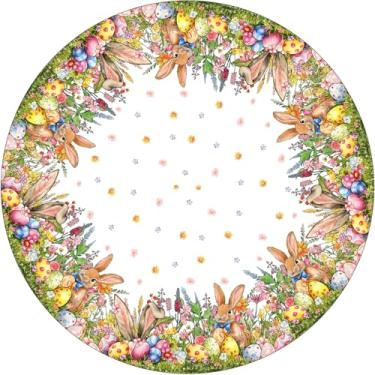 Imagem de XCHI Toalha de mesa redonda com orelhas de coelho, ovos, flores silvestres, coelhos, Páscoa, toalha de mesa, lavável, para decoração de festa em casa, 152 x 152 cm