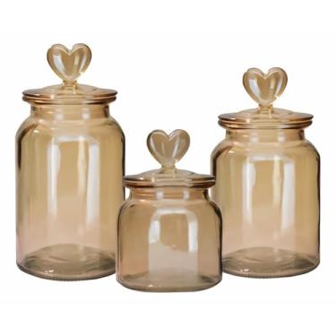 Imagem de Pote Vidro Âmbar Hermético Decor Coração 650ml/1000ml/1350ml para Armazenamento de Alimentos na Cozinha Brasileira(Kit com 3 potes)
