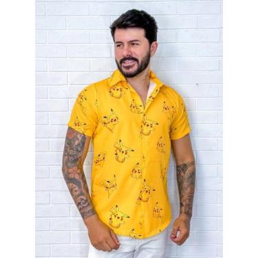Imagem de Camisa Social Botão Divertida Unissex Pikachu - cs modas, Slim, Amarel