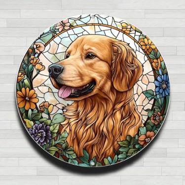 Imagem de Placa de parede redonda de metal de alumínio rústico vintage Golden Retriever com vitral, 20 cm, presentes e decoração para casa, escritório, café e quintal