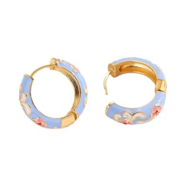 Imagem de Brincos De Argola Florais Esmaltados Coloridos Banhados a Ouro Redondo