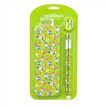 Imagem de Kit Estojo Escolar de Metal com 2 Lápis Borracha Apontador e Régua