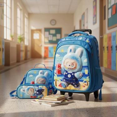 Imagem de Mochila Rodinha impermeável + lancheira térmica + estojo - Labubu Azul 3D