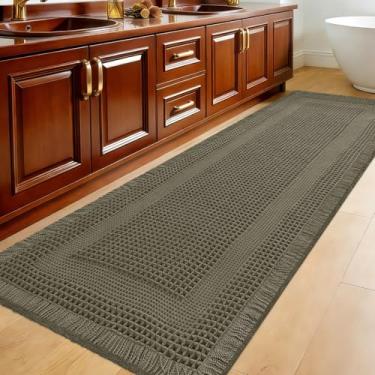 Imagem de Tapete de banheiro waffle extragrande, 1,8 m x 5 cm, verde acinzentado, super absorvente, antiderrapante, secagem rápida, tapetes de banheiro com borlas, laváveis na máquina, tapetes de banheiro boho