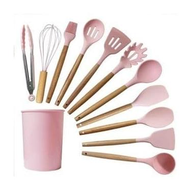 Imagem de Jogo de Cozinha Kit C/12 Pçs de Silicone Utensílios e Copo Suporte para Cozinha Cabo de Madeira Su(12 Peças-31.5CM-Rosa)