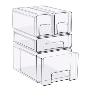 Imagem de Sorbus Gavetas de armazenamento empilháveis transparentes, conjunto de 4 peças – 1 grande, 1 médio e 2 caixas organizadoras de plástico pequenas com alças para banheiro, armário, despensa, armário e