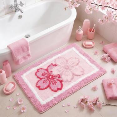 Imagem de Boao Tapete de banho rosa flor de cerejeira tapete de banho adornado flor de cerejeira flores de verão banheiro antiderrapante tufado tapete de chuveiro decoração para quarto cozinha porta da frente