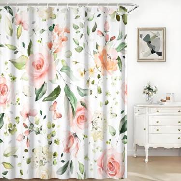Imagem de TTQYFNM Cortina de chuveiro floral aquarela para banheiro rosa rosa flores folhas verdes cortina de banho decoração de banheira tecido impermeável primavera plantas botânicas conjunto de cortinas de
