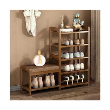 Imagem de Sapateira organizadora de sapatos com banco, banco de sapatos de bambu de entrada, rack organizador com prateleiras de armazenamento e almofada de assento para sapateira de corredor de entrada (cor