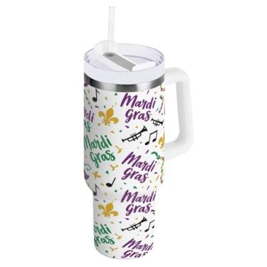 Imagem de Blueangle Copo isolado com motivo de carnaval de 850 g com alça e tampa de palha, caneca de viagem reutilizável de aço inoxidável (753)
