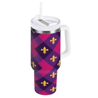 Imagem de Blueangle Copo isolado Mardi Gras Argyle de 1,134 g com alça e tampa de palha, caneca de viagem reutilizável de aço inoxidável (506)
