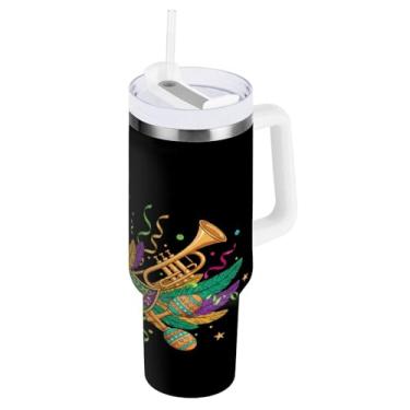 Imagem de Blueangle Copo isolado de máscara de carnaval de 1,134 g com alça e tampa de palha, caneca de viagem reutilizável de aço inoxidável (923)