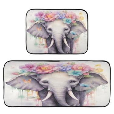 Imagem de xigua Conjunto de 2 peças de tapetes e tapetes de cozinha de elefante para entrega de flores, tapetes de cozinha macios absorventes para chão, tapete de cozinha, antiderrapante, conjunto de capachos