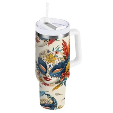 Imagem de Blueangle Copo isolado com padrão de máscaras de carnaval de 850 g com alça e tampa de palha, caneca de viagem reutilizável de aço inoxidável (15)