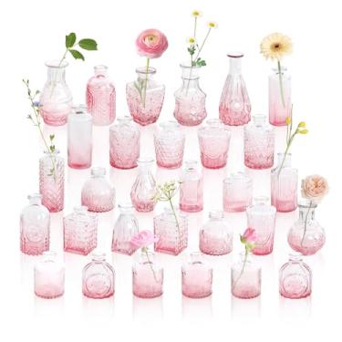 Imagem de GarDream Vasos de vidro ombré rosa a granel 30, vasos pequenos vintage para flores, decoração de mesa de centro de mesa, casamento, chá de bebê, conjunto de vasos de flores variados minúsculos