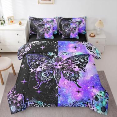 Imagem de Erosebridal Conjunto de cama solteiro de 7 peças, borboleta, boho, roxo e preto, geométrico, damasco, boêmio, com lençóis, étnico paisley, em uma bolsa, para mulheres, homens e adultos
