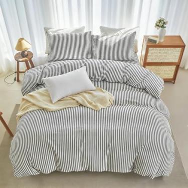 Imagem de LIFETOWN Conjunto de capa de edredom listrado 100% algodão lavado com sensação de rugas naturais leve e confortável (king, listras brancas cinza escuro)
