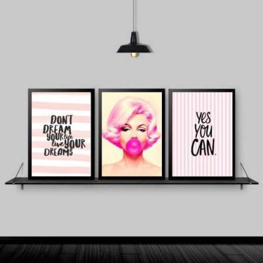 Imagem de Kit 3 Quadros Marilyn Life Your Dreams 24X18Cm Moldura Preta