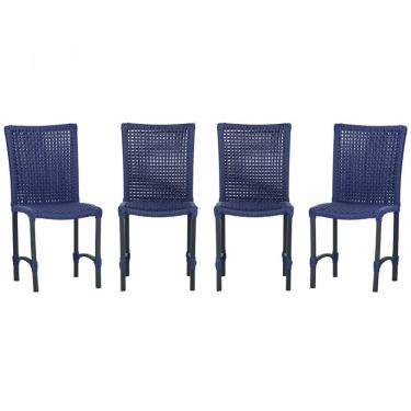 Imagem de 4 Cadeiras De Jantar Cannes De Alumínio Pintura Preta Trama Azul