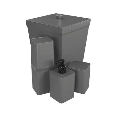 Imagem de Kit Banheiro 4 Peças Lixeira Dispenser Porta Escova E Porta Algodão - Stolf Cinza