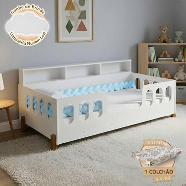 Imagem de Cama Infantil em Mdf Nina com Colchão Incluso + Enxoval Completo Trança Azul Acompanha Nuvem Led