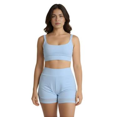 Imagem de Conjunto de Short Duplo Fitness Academia Treino Feminino Cor:Azul Bebe