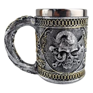 Imagem de Caneca Medieval Artesanal Caveira Aço Geek 3D em Resina Copo em Aço In