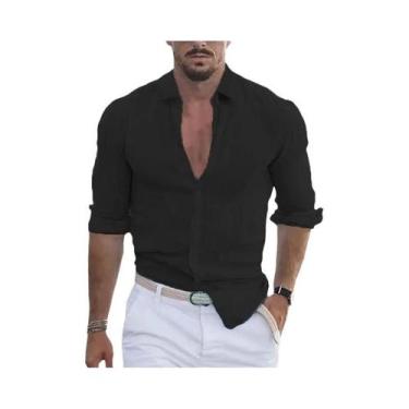 Imagem de Camisa Havaiana Masculina De Manga Longa Em Algodão E Linho Com Gola P