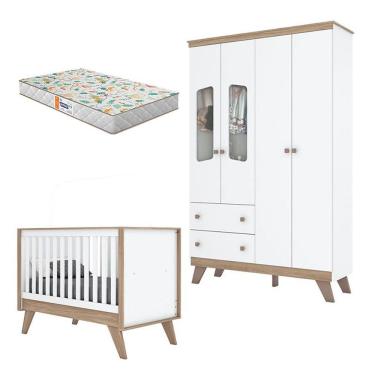 Imagem de Berço Americano E Guarda Roupa Infantil Confete Branco Brilho Jequitibá Hp Com Colchão Gazin