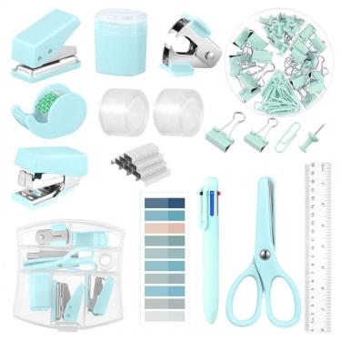 Imagem de Kit mini escritório auroray verde turquesa com grampeador, furador, dispenser de fita,...