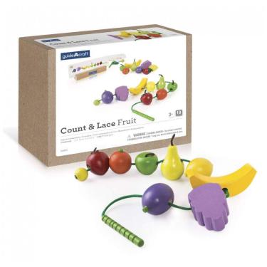 Imagem de Brinquedo de encaixar Guidecraft Count and Lace Fruit em madeira com 24 frutas coloridas e 2 cordões para sequências e contagem