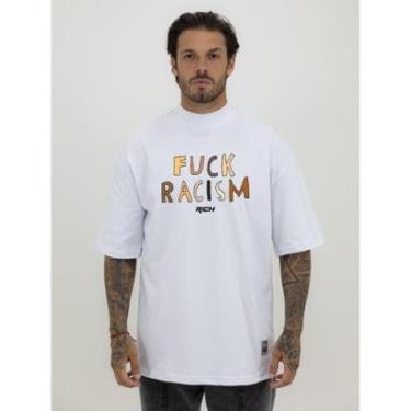 Imagem de Camiseta Camisa Oversized Gola Alta Estampa Fuck Rascim Racismo Streetwear Algodão Premium Branco-Masculino