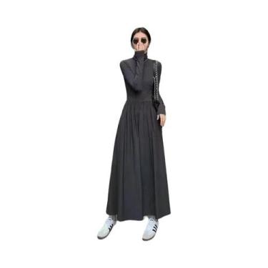 Imagem de Vestido Feminino Preto E Cinza De Gola Alta Estilo Francês Elegante De