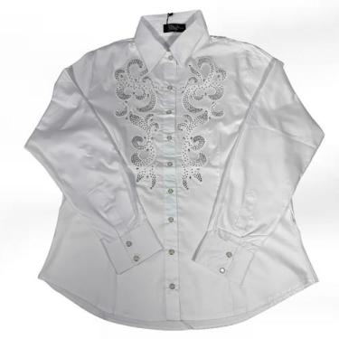 Imagem de Camisa Feminina Branca Manga Longa Com Strass Miss Country, Branco, XG