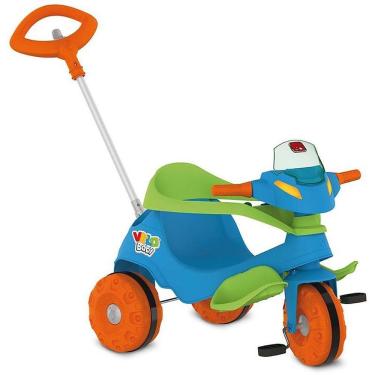 Imagem de Triciclo Velobaby Passeio e Pedal com Haste Direcionável e Cercado de Proteção Azul Brinquedos Bandeirante