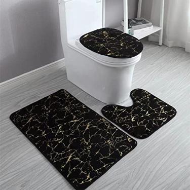 Imagem de Tapetes de chão de banheiro com estampagem a quente Conjunto de três peças de mármore de pelúcia Padrão de decoração de banheiro com deslizamento a quente Tapete antiderrapante, preto