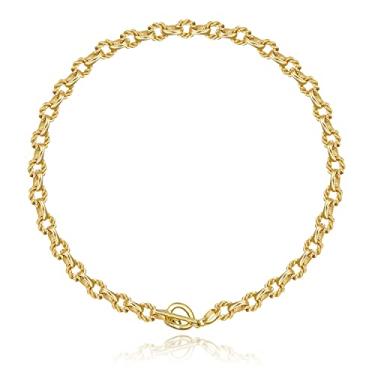 Imagem de BAMERAL Gargantilha feminina de ouro grosso, banhado a ouro 18K, corrente oval torcida, com fecho de botão para mulheres, joia de presente, 43 cm, Banhado a ouro, Zircônia cúbica