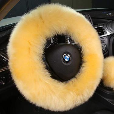 Imagem de Capa de volante Andalus luxuosa de lã felpuda longa de pele de carneiro australiana, antiderrapante, 38 cm, oferece uma sensação de pelúcia, capa de pele de carneiro ecológica (bege)