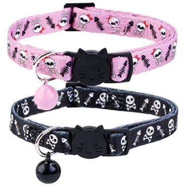 Imagem de BoomBone Coleira de gato de caveira com sino, pacote com 2 coleiras seguras para filhotes de Halloween