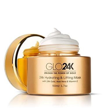 Imagem de GLO24K Máscara hidratante e de levantamento com ouro 24 quilates, aloe vera, peptídeos e vitaminas. Para aumentar a hidratação e efeito de elevação que gera uma complexão brilhante, radiante e pele sedosa e suave.