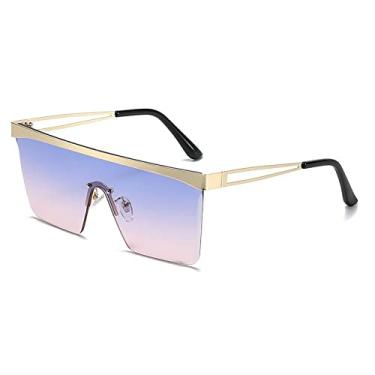 Imagem de Óculos de sol quadrados vintage sem aro de uma peça para mulheres moda liga superdimensionada óculos de sol planos masculinos tons gradientes óculos, azul roxo, tamanho único