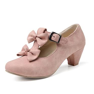 Imagem de GATUXUS Sapato feminino Mary Jane laço salto grosso médio sapato de salto alto doce Lolita, rosa, 6